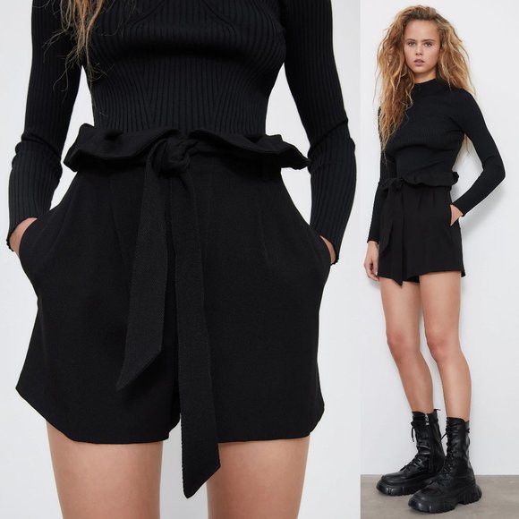 Zara Pants - NEW Zara Black High Waist Belted Paperbag Shorts M